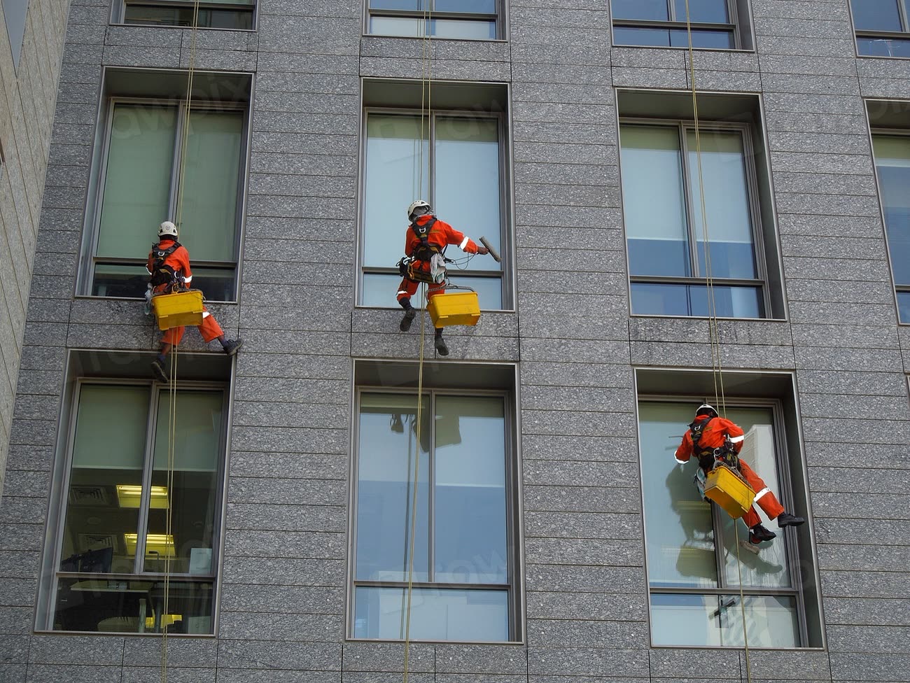 Zwei Reinigungskräfte seilen sich an einer Glasfassade ab und reinigen die Fenster
